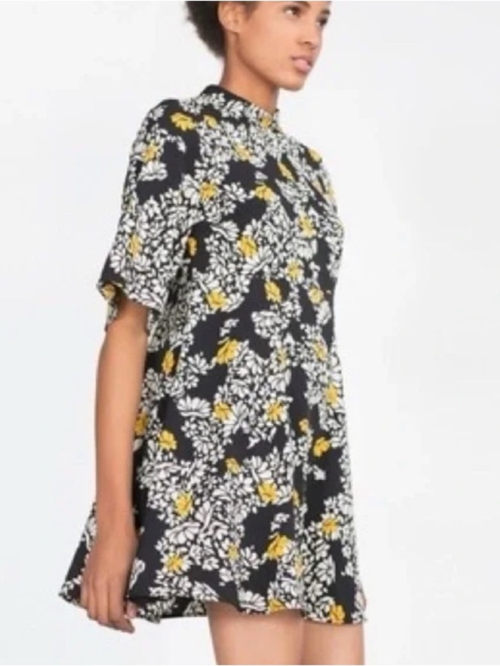 Zara Basic Floral Swing Mini Dress Mock Neck A-Line Shift Large